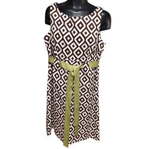 Jessica Howard Dress Women's 10 Sleeveless White Brown Print Ribbon Lined Empire